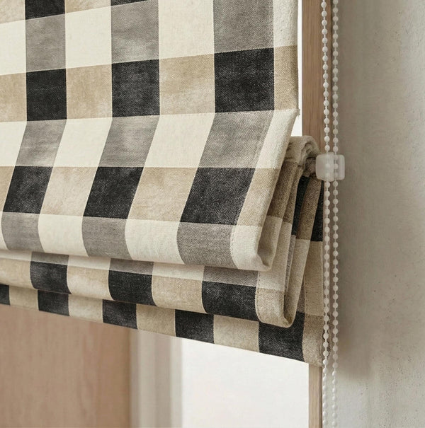 Buffalo Plaid Roman Shade, Linen Look Window Blind, Farmhouse Check Curtain