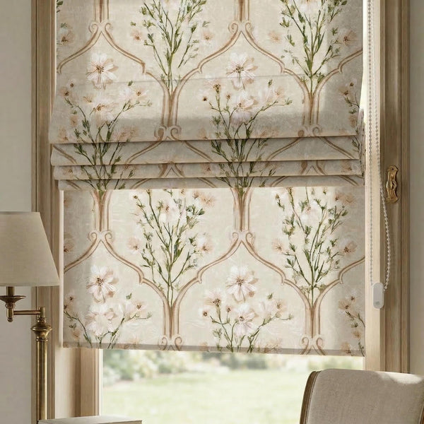 Floral Roman Shade, Beige Botanical Linen-Look Window Treatment, French Country Style Blind
