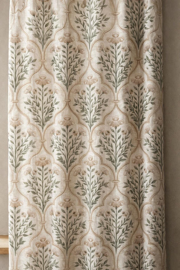 Linen Botanical Curtain, Sage Green Floral Drapes, Neutral Farmhouse Window Panel