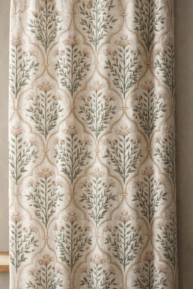 Linen Botanical Curtain, Sage Green Floral Drapes, Neutral Farmhouse Window Panel
