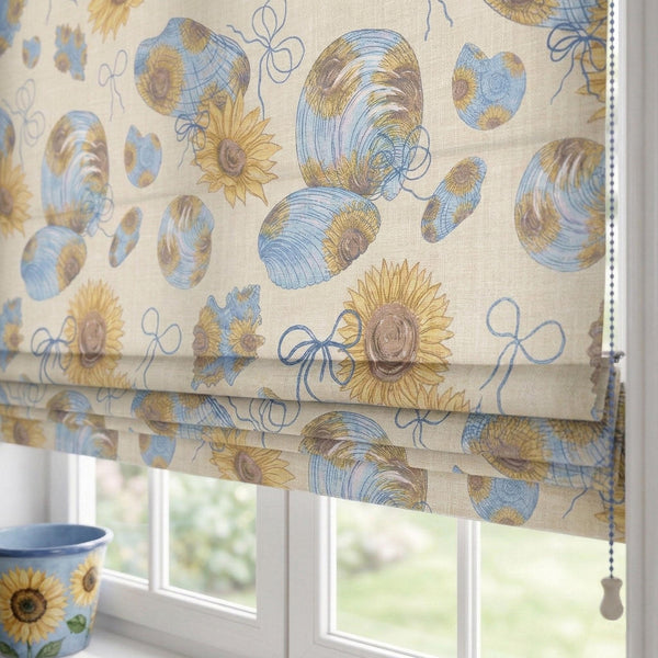 Sunflower Seashell Roman Shade, Linen Look Coastal Window Blind