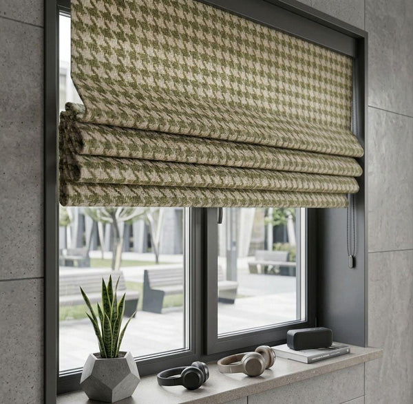 Olive Green Woven Roman Shade: Textured Jacquard Roman Blind