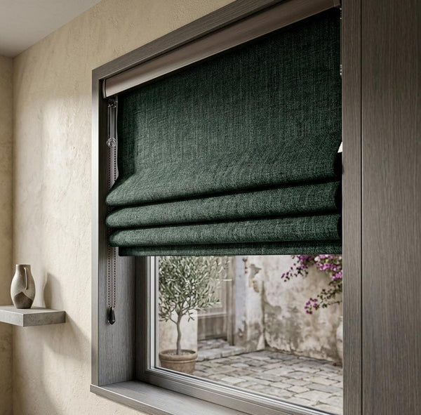 Dark Green Textured Woven Linen Roman Shade, Custom Window Covering, Modern Rustic Decor