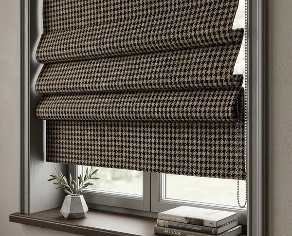 Houndstooth Linen Roman Shade, Black Beige Woven Blind, Textured Fabric Window Covering