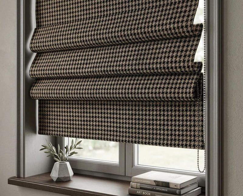 Houndstooth Linen Roman Shade, Black Beige Woven Blind, Textured Fabric Window Covering