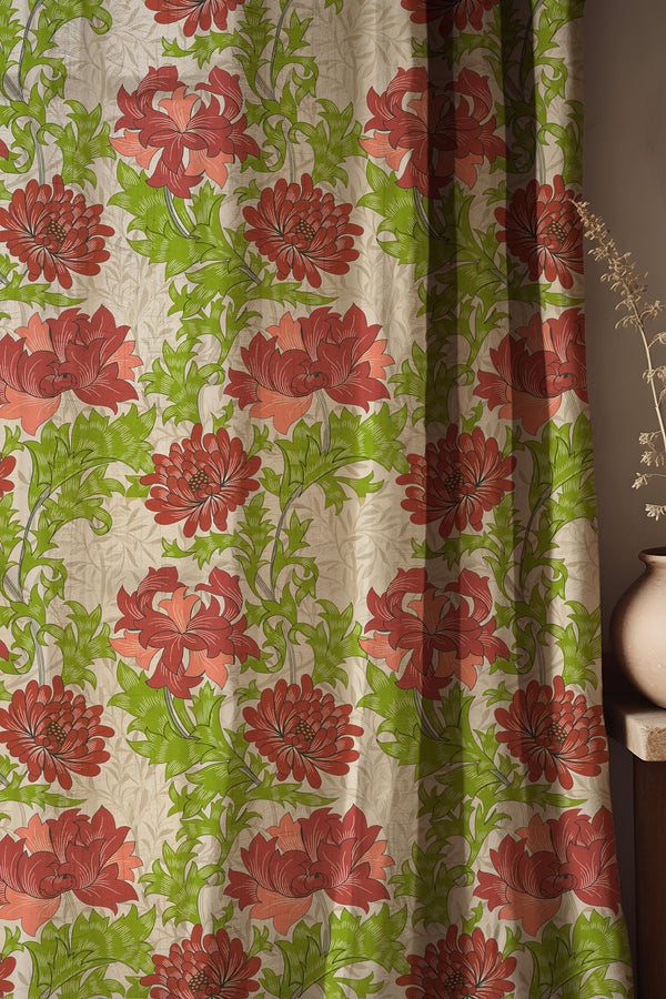 William Morris Style Floral Linen Curtain, Botanical Drapes, Cottagecore Window Panel