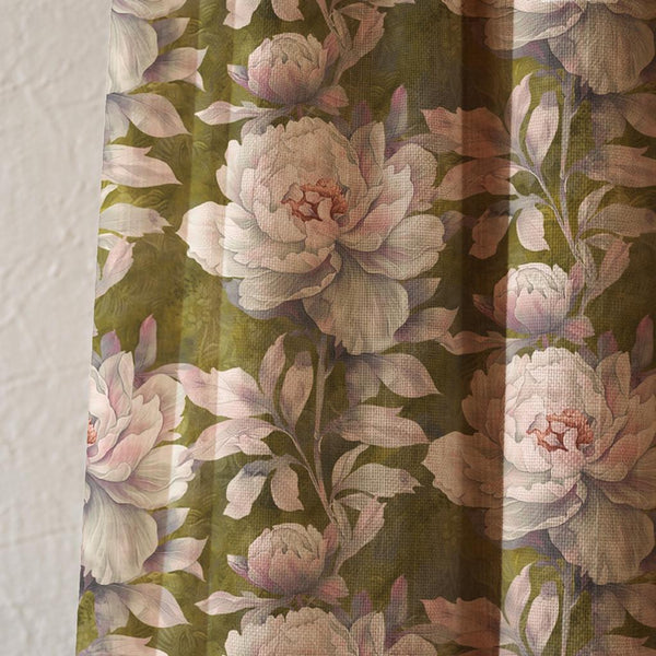 Vintage Peony Floral Linen Curtain, Romantic Botanical Drapes, Cottagecore Soft Pink Home Decor