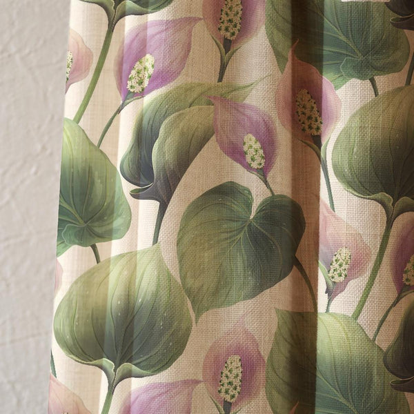 Botanical Leaf Linen Curtains, Green Pink Floral Nature Window Panel