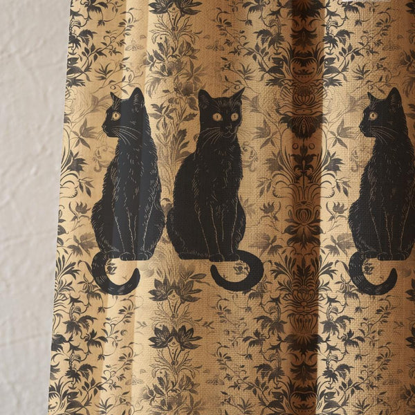 Black Cat Linen Curtains, Gothic Damask Vintage Window Panel, Dark Cottagecore Decor