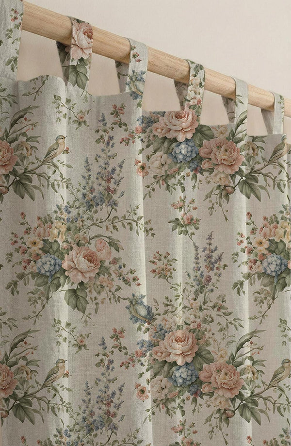 Vintage Floral Bird Linen Curtain, Pastel Botanical Cottagecore Drapery, Shabby Chic Home Decor