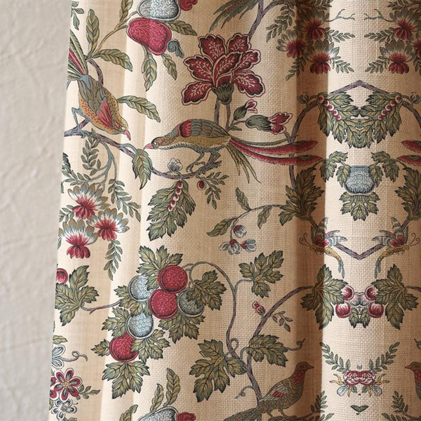 Linen Bird Floral Curtain Panel, Botanical Drapes, Cottagecore Farmhouse Boho Window Covering