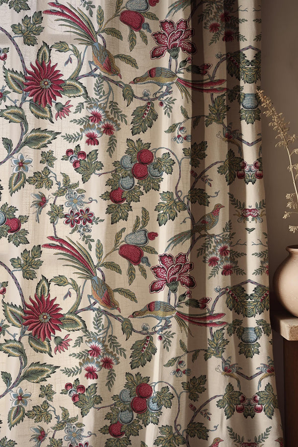 Linen Bird Floral Curtain Panel, Botanical Drapes, Cottagecore Farmhouse Boho Window Covering