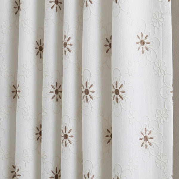 Embroidered Floral Linen Curtain Panel, Neutral Boho Window Drapes, Farmhouse Rustic Flower Curtain
