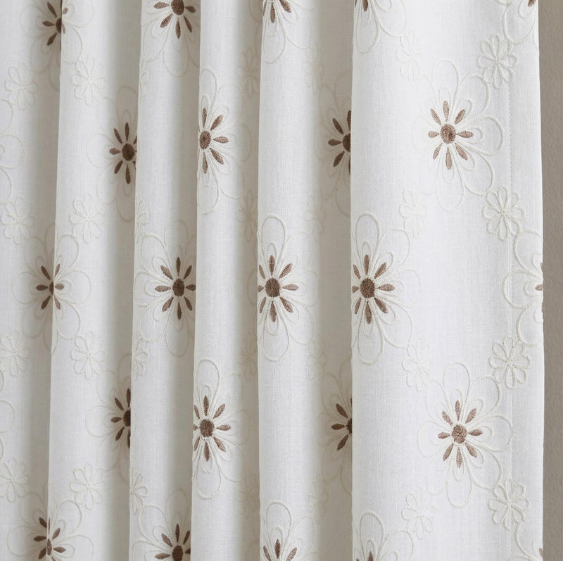 Embroidered Floral Linen Curtain Panel, Neutral Boho Window Drapes, Farmhouse Rustic Flower Curtain
