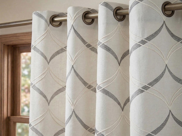 Embroidered Linen Curtain Panel, Geometric Beige Grommet Drapes, Contemporary Farmhouse Window Treatment