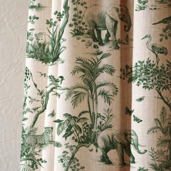 Safari Toile Curtain Panel, Elephant Giraffe Botanical Drapes, Green Wildlife Tropical Window Treatment