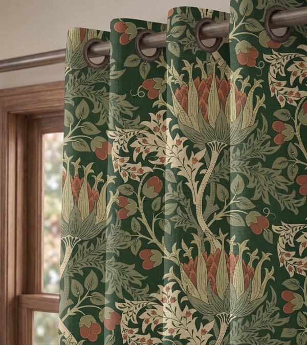 William Morris Floral Linen Curtain Panel, Botanical Arts and Crafts Drapes