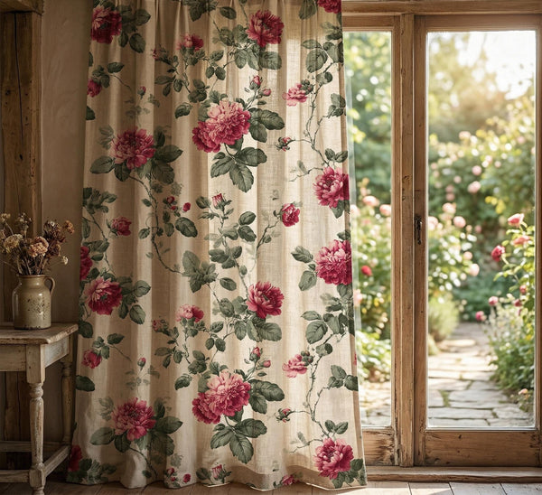 Vintage Rose Linen Curtain Panel, Floral Cottagecore Botanical Drapes