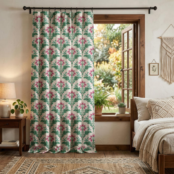 William Morris Floral Linen Curtain, Pink Botanical Custom Drapes, Vintage Cottage Window Treatment