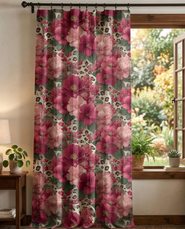 Pink Floral Leopard Print Curtain Panel, Boho Chic Botanical Drapes