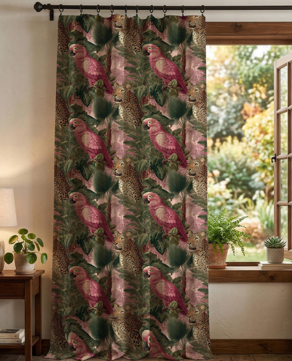Tropical Leopard Parrot Jungle Drapes, Pink Exotic Animal Print Window Panel