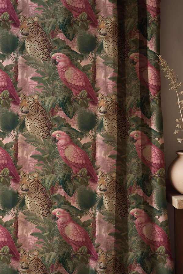 Tropical Leopard Parrot Jungle Drapes, Pink Exotic Animal Print Window Panel