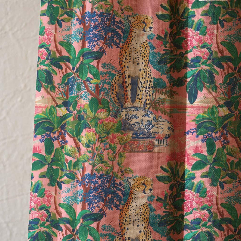 Pink Cheetah Jungle Linen Curtain, Tropical Botanical Boho Drapery