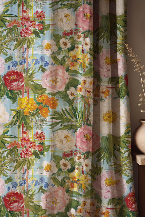 Floral Linen Curtain, Botanical Drapes, Cottagecore Window Panel, Farmhouse Boho Decor