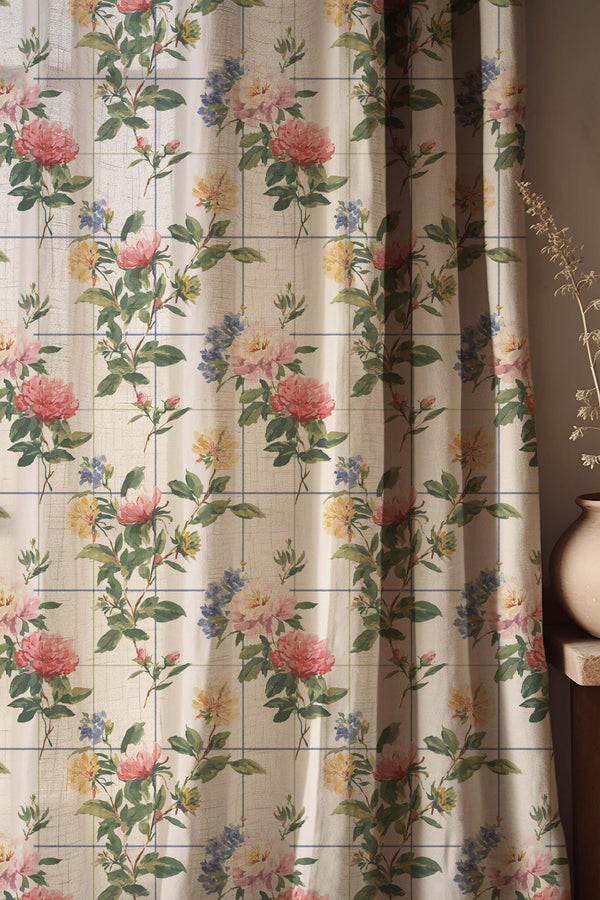 Vintage Floral Linen Curtain, Botanical Print Drapes, Cottagecore Farmhouse Decor