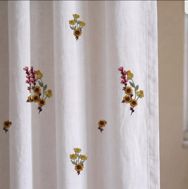 Embroidered Linen Floral Curtain Panel, Light Filtering Drapes, Cottagecore Window Treatment