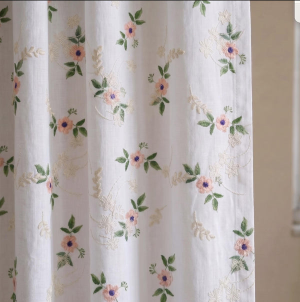 Embroidered Linen Floral Curtain Panel, Cottagecore Light Filtering Drapes