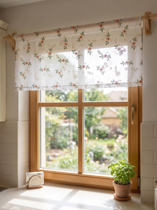 Embroidered Linen Floral Curtain Panel, Cottagecore Light Filtering Drapes