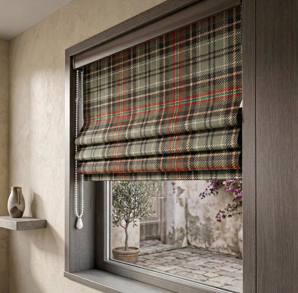 Plaid Roman Shade, Linen Look Custom Curtain, Rustic Farmhouse Window Treatment