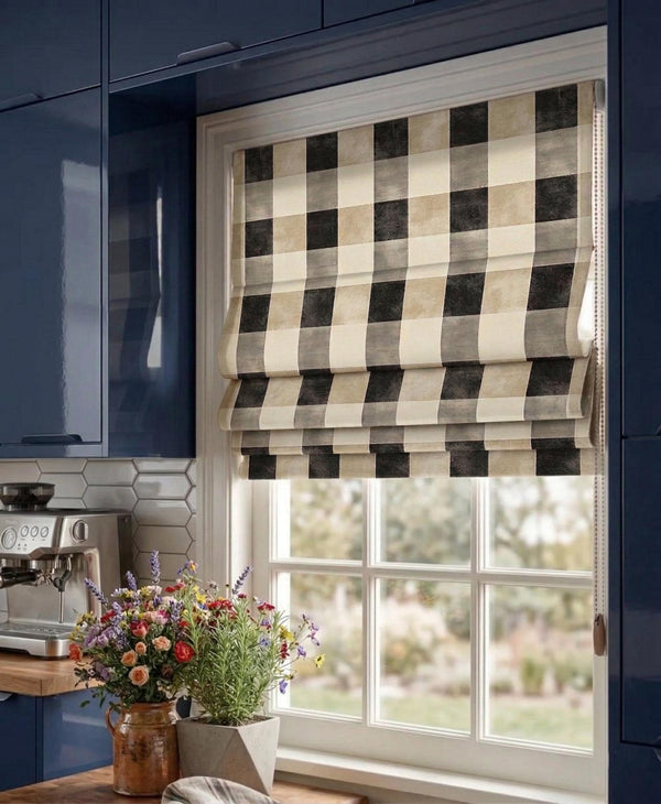 Buffalo Plaid Roman Shade, Linen Look Window Blind, Farmhouse Check Curtain