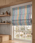 Striped Linen Look Roman Shade, Farmhouse Kitchen Window Blind, Blue Green Beige Stripe - Image 1