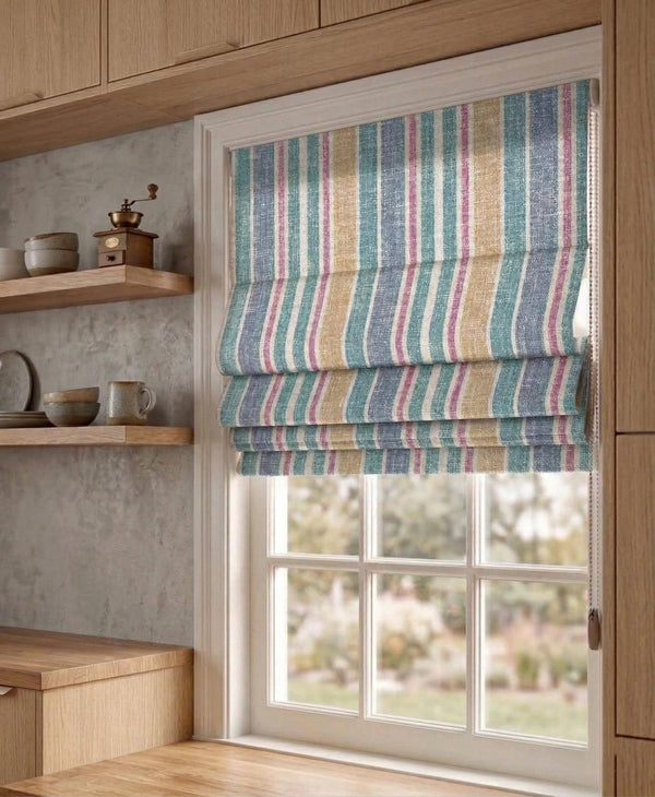Striped Linen Look Roman Shade, Farmhouse Kitchen Window Blind, Blue Green Beige Stripe