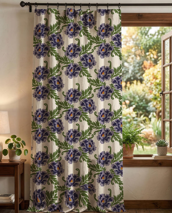 Linen Floral Curtain, Purple Botanical Drapes, Vintage Window Panel, Cottagecore Drapery