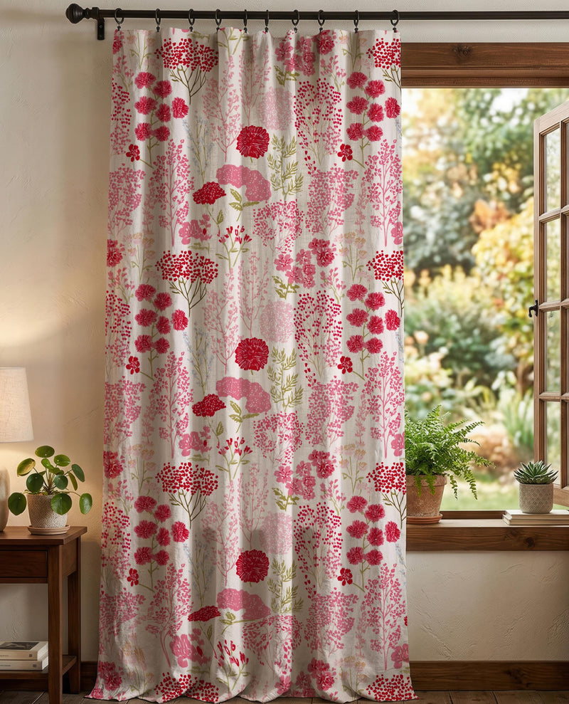 Pink Floral Linen Curtain Panel, Botanical Drapes, Custom Window Treatment