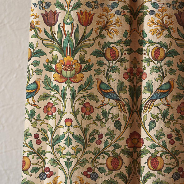 William Morris Bird Linen Curtain, Botanical Floral Arts Crafts Drapes, Cottagecore Decor Panel