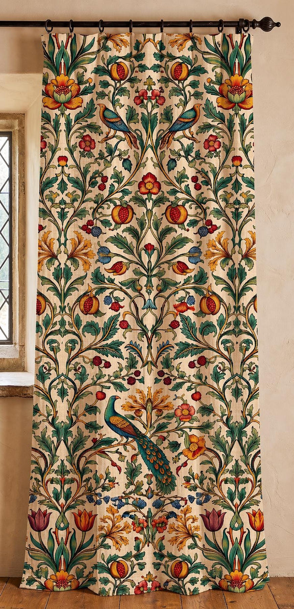 William Morris Bird Linen Curtain, Botanical Floral Arts Crafts Drapes, Cottagecore Decor Panel