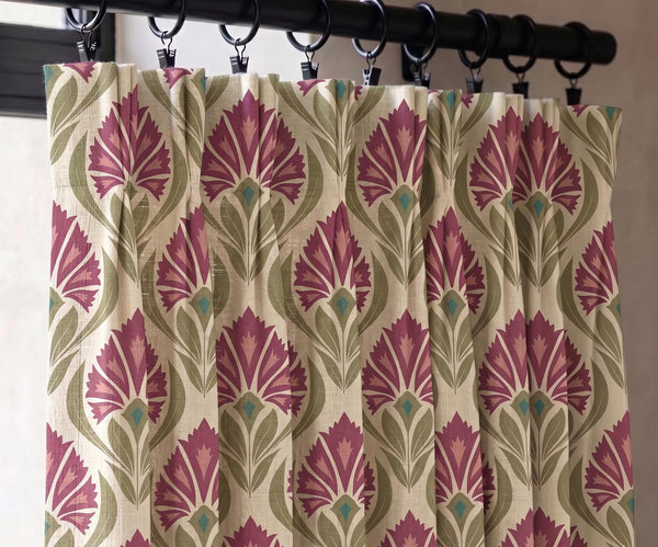Linen Floral Café Curtain, Vintage Botanical Farmhouse Window Treatment (Custom Size)