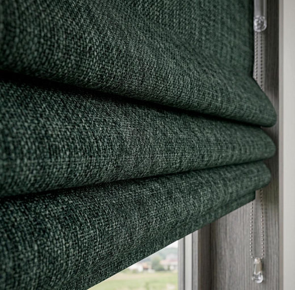 Dark Green Textured Woven Linen Roman Shade, Custom Window Covering, Modern Rustic Decor