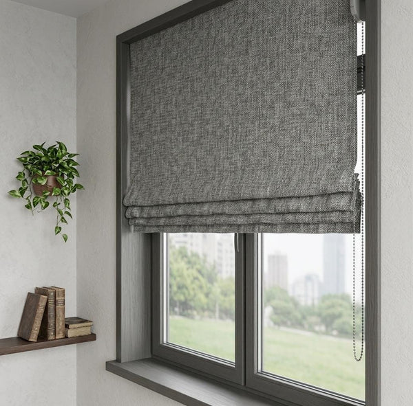 Gray Textured Woven Roman Shade, Custom Size Window Covering, Minimalist Natural Blind