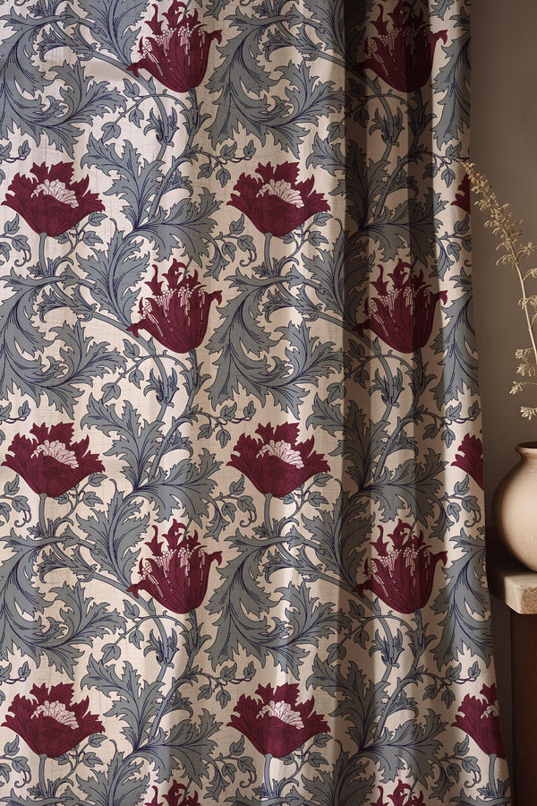 William Morris Floral Linen Curtains, Vintage Botanical Drapes, Arts and Crafts Home Decor