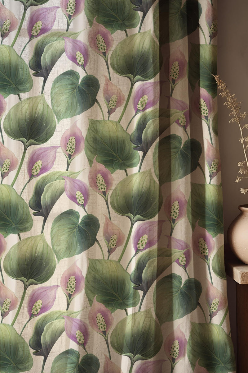Botanical Leaf Linen Curtains, Green Pink Floral Nature Window Panel