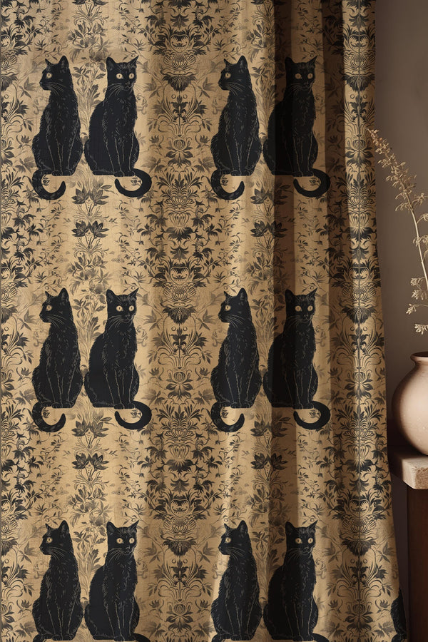 Black Cat Linen Curtains, Gothic Damask Vintage Window Panel, Dark Cottagecore Decor