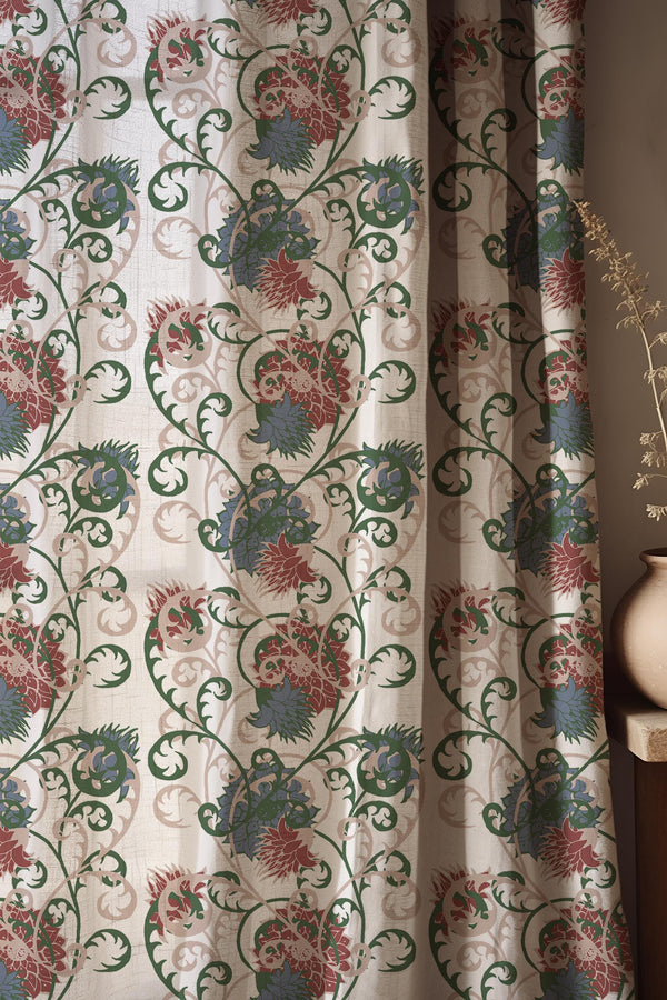 William Morris Style Floral Linen Curtain, Botanical Vintage Drapery, Cottagecore Home Decor