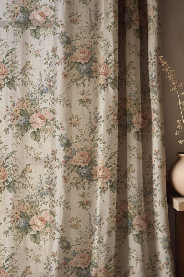 Vintage Floral Bird Linen Curtain, Pastel Botanical Cottagecore Drapery, Shabby Chic Home Decor