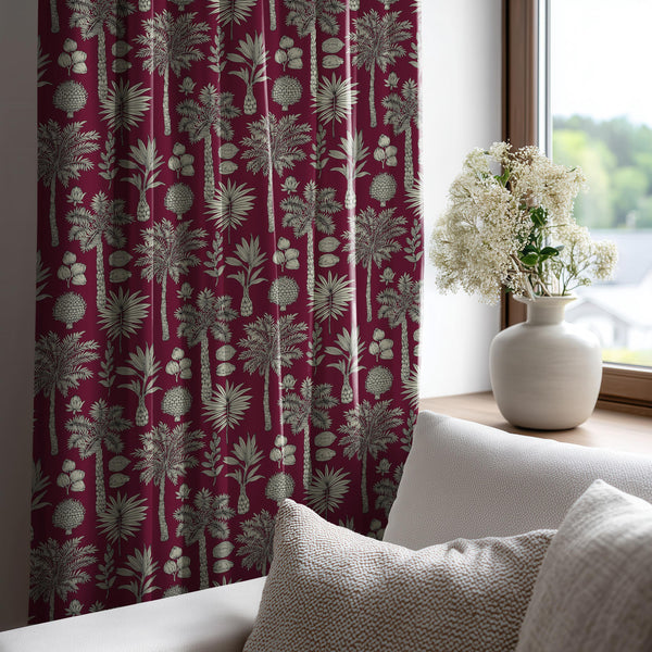 Burgundy Tropical Palm Linen Curtain, Vintage Floral Boho Window Panel