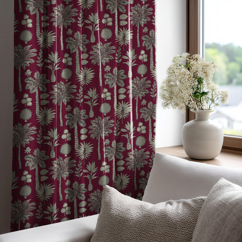 Burgundy Tropical Palm Linen Curtain, Vintage Floral Boho Window Panel